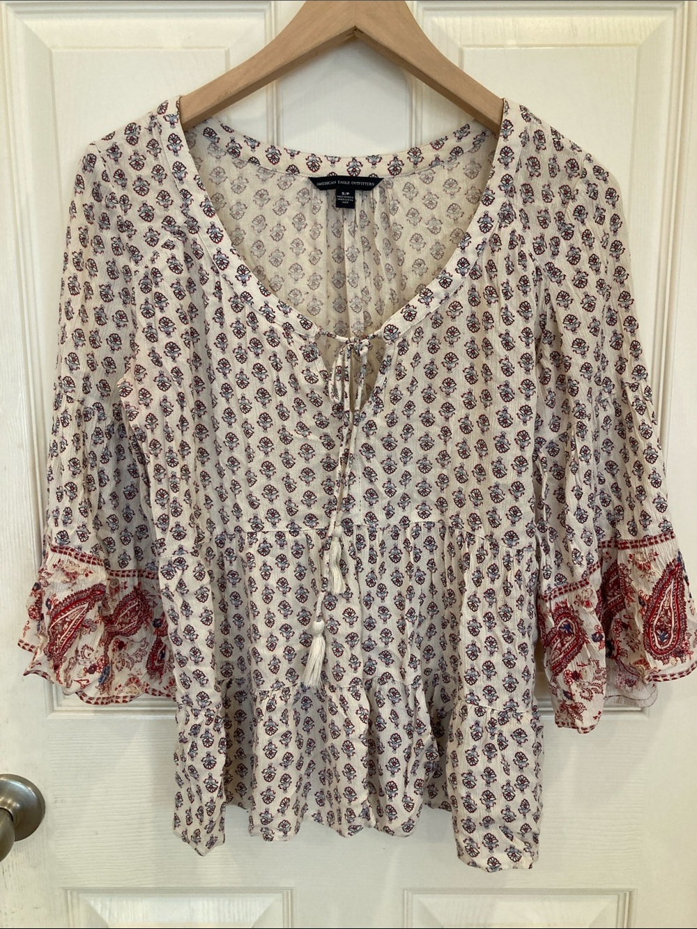 American Eagle Outfitters Cream Tunic with Red Paisley Sleeve Detail